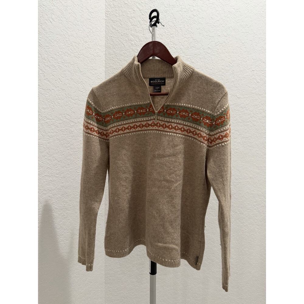 Woolrich 100% Lamb's Wool Fair Isle Sweater Women’s Size L Khaki Zipper